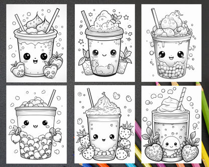 50 Cute Kawaii Boba Tea Grayscale Coloring Pages for Adults and Kids, Printable PDF File Instant Download