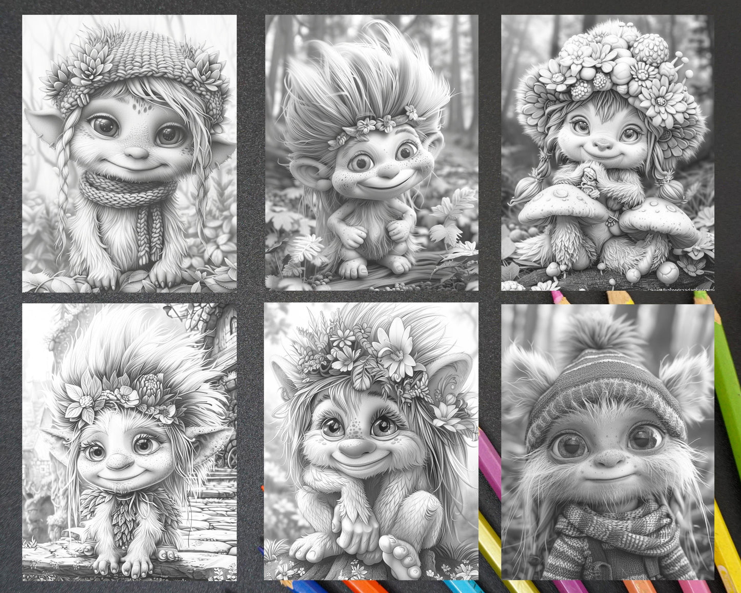 65 Fantasy Little Trolls Grayscale Adult Coloring Pages Printable PDF Instant Download