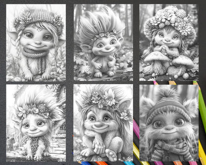 65 Fantasy Little Trolls Grayscale Adult Coloring Pages Printable PDF Instant Download