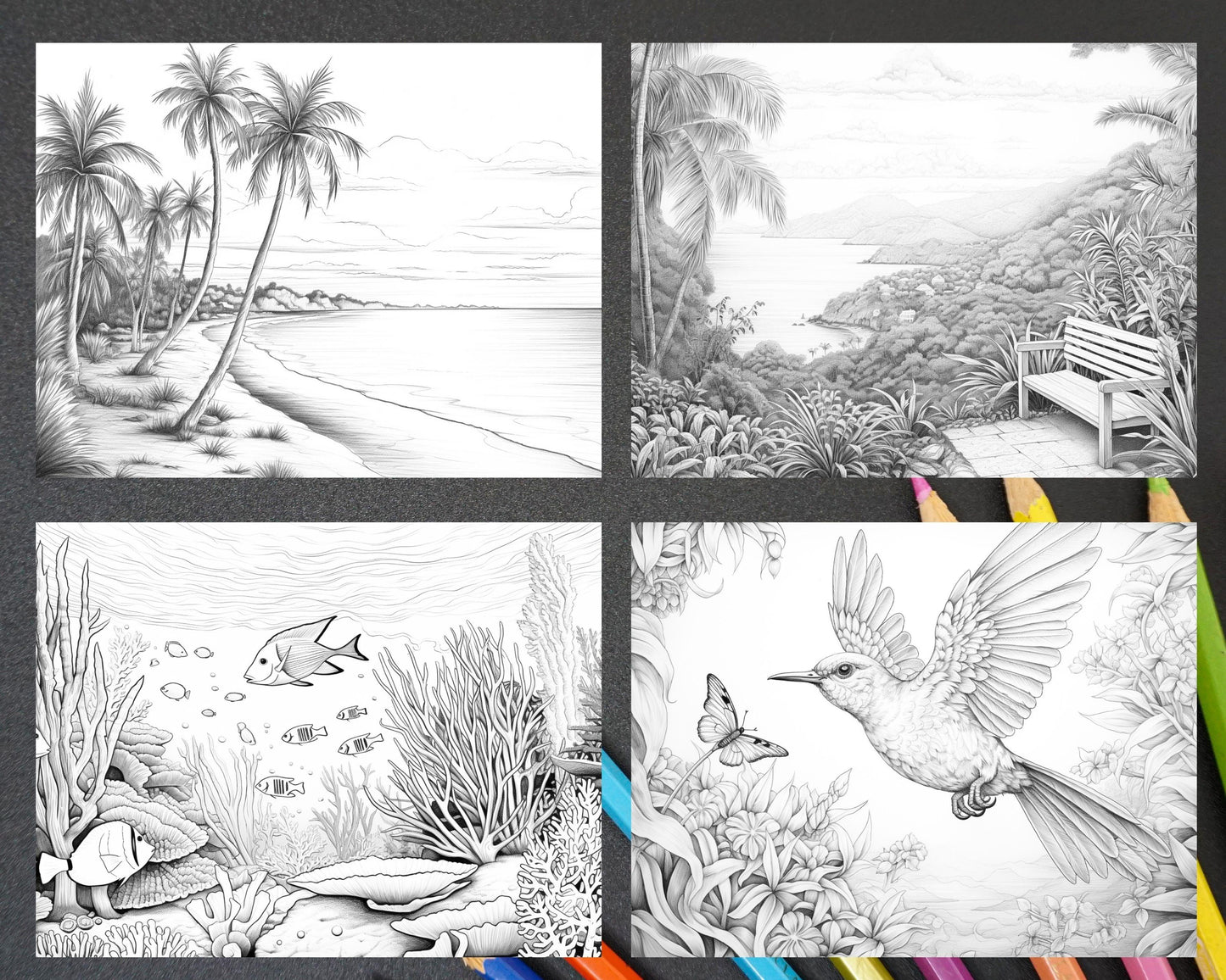 50 Tropical Paradise Grayscale Adult Coloring Pages, Printable PDF Instant Download