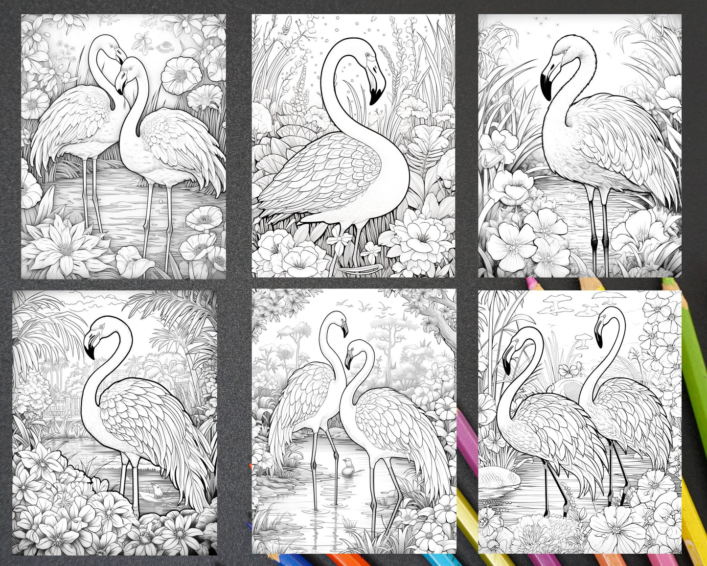 Flamingo Oasis Grayscale Coloring Pages Printable for Adults, PDF File Instant Download