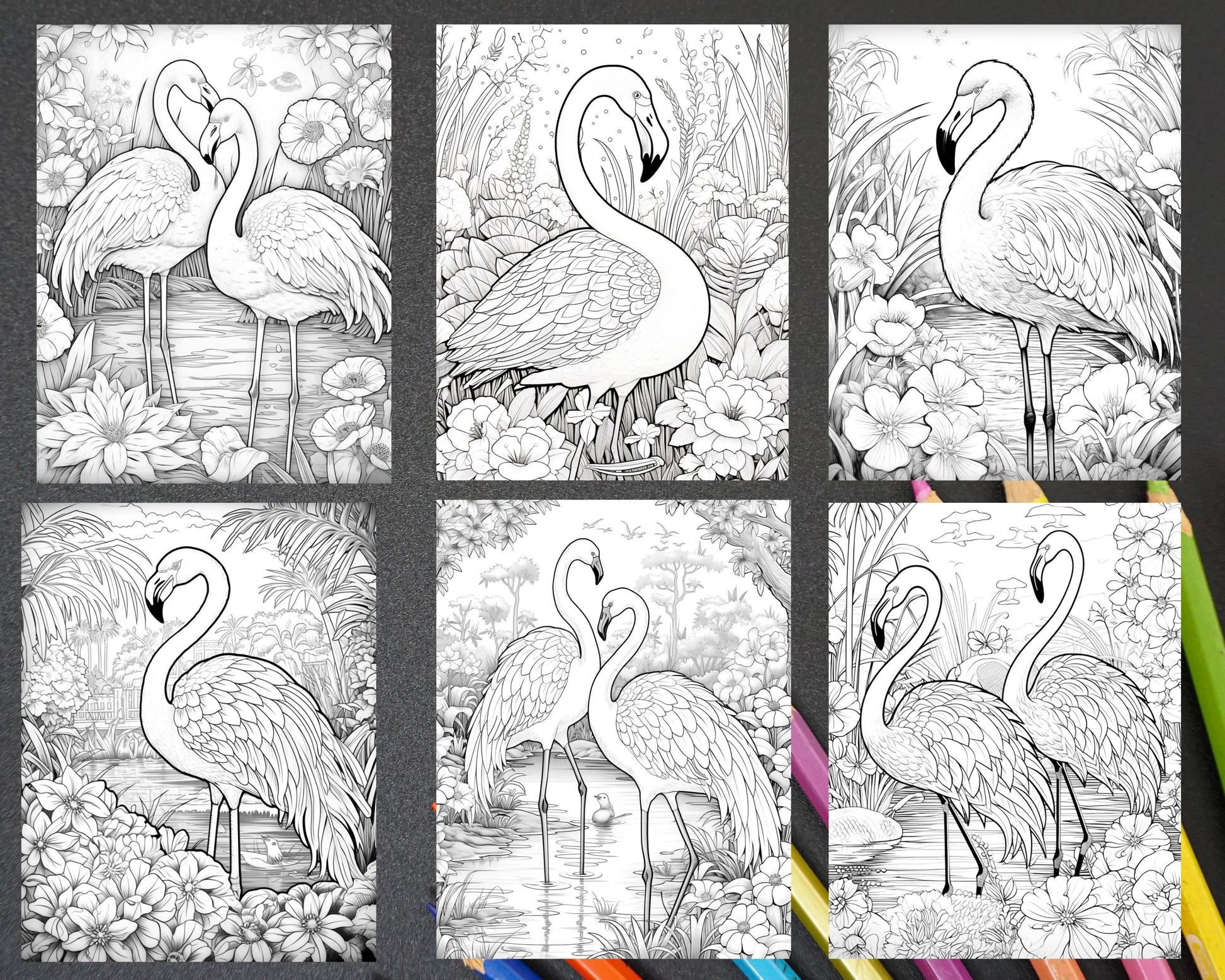 Flamingo Oasis Grayscale Coloring Pages Printable for Adults, PDF File Instant Download