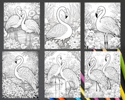 Flamingo Oasis Grayscale Coloring Pages Printable for Adults, PDF File Instant Download
