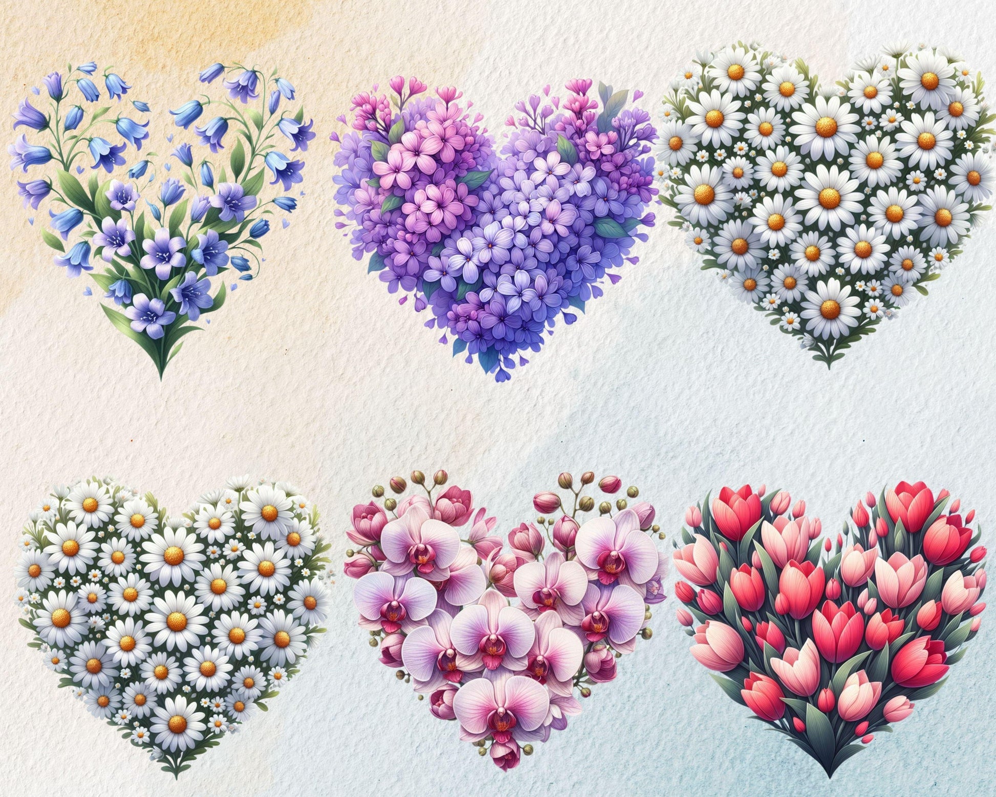 Romantic Heart-Shaped Flowers Clipart Bundle, 35 PNG High-Res Files for DIY and Commercial Use