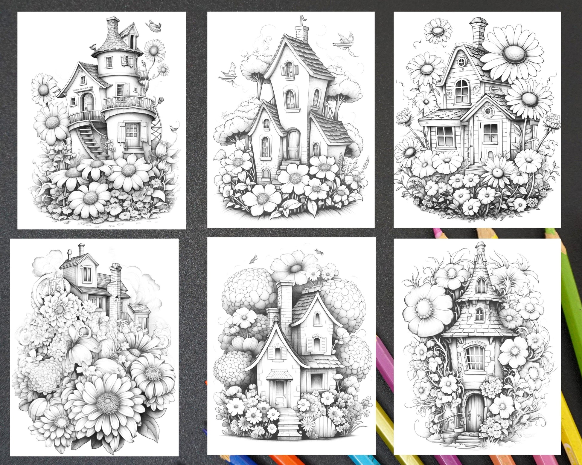 60 Flower Houses Grayscale Coloring Pages Printable for Adults, PDF File Instant Download