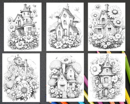 60 Flower Houses Grayscale Coloring Pages Printable for Adults, PDF File Instant Download