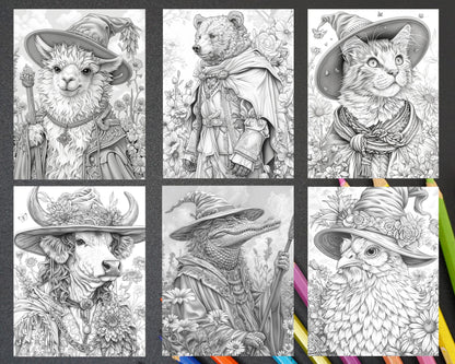 77 Wizard Animals Grayscale Adult Coloring Pages Printable PDF Instant Download