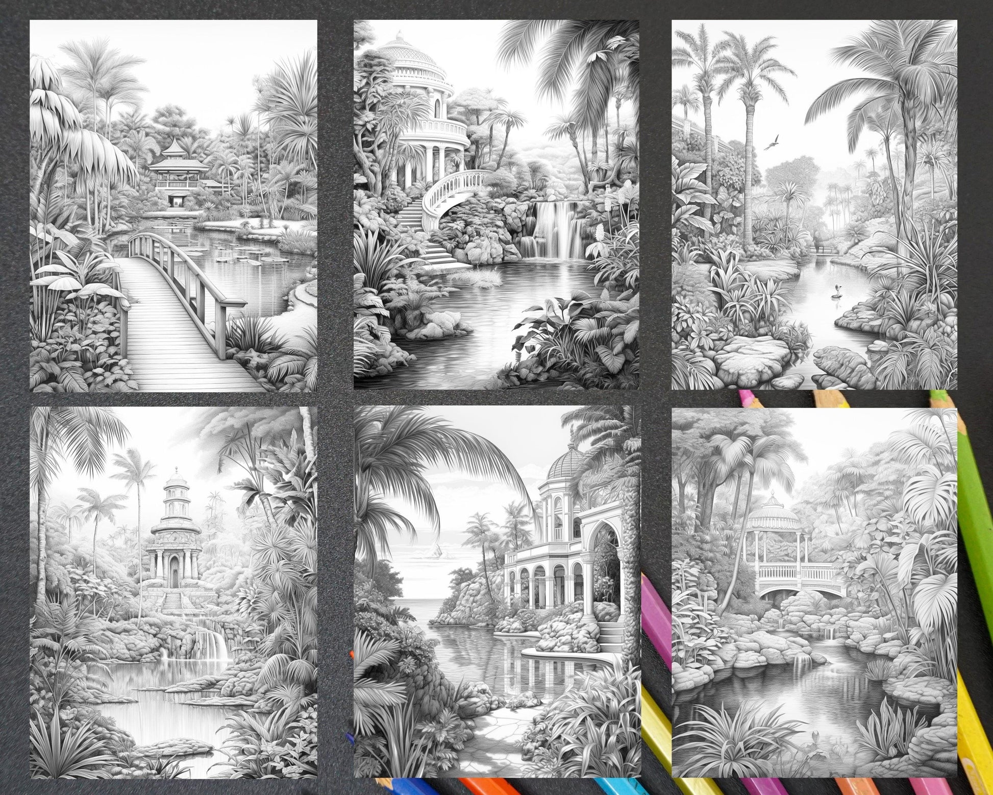 52 Tropical Oasis Grayscale Coloring Pages Printable for Adults, PDF File Instant Download