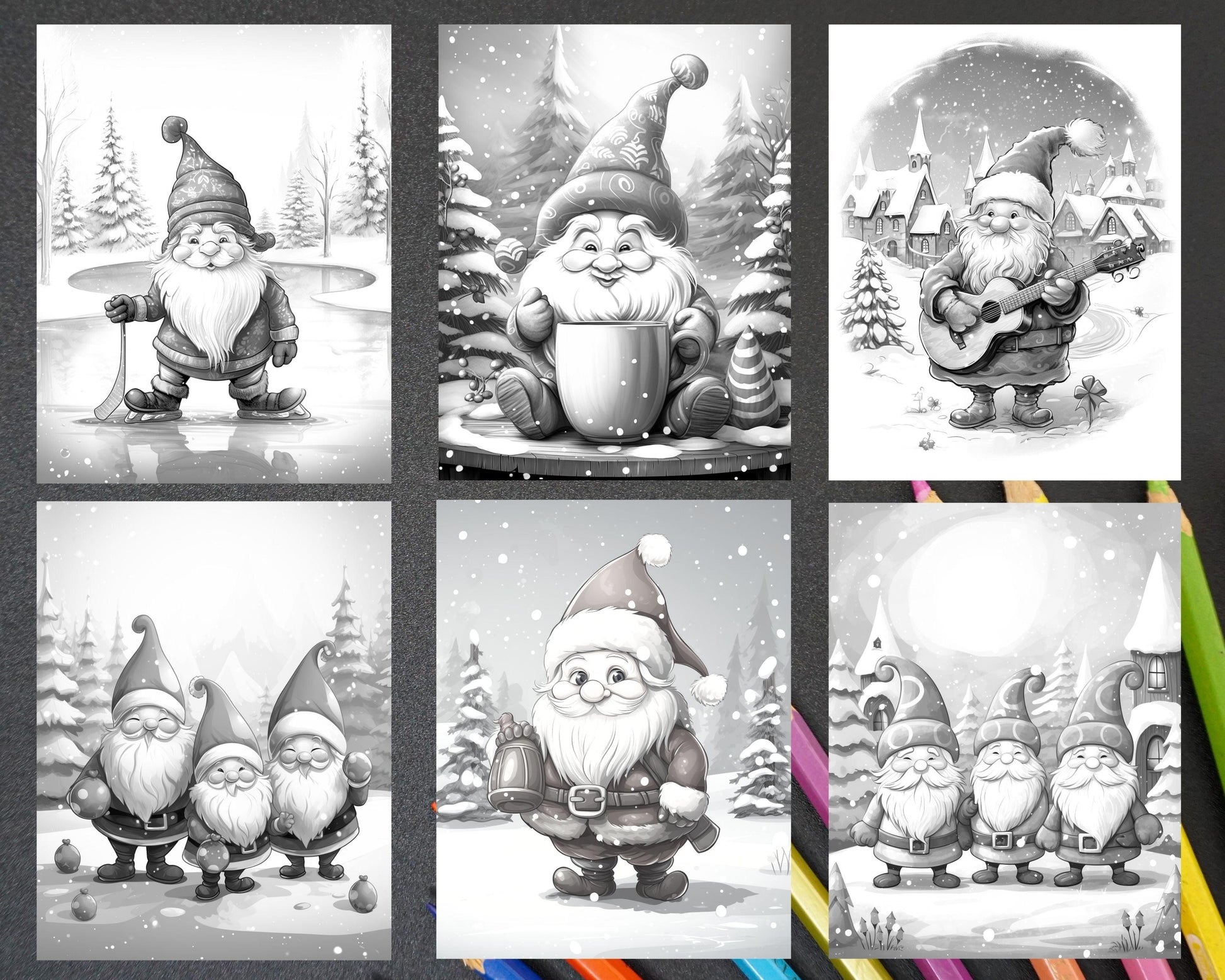 60 Christmas Gnomes Grayscale Coloring Pages Printable for Adults and Kids, PDF File Instant Download