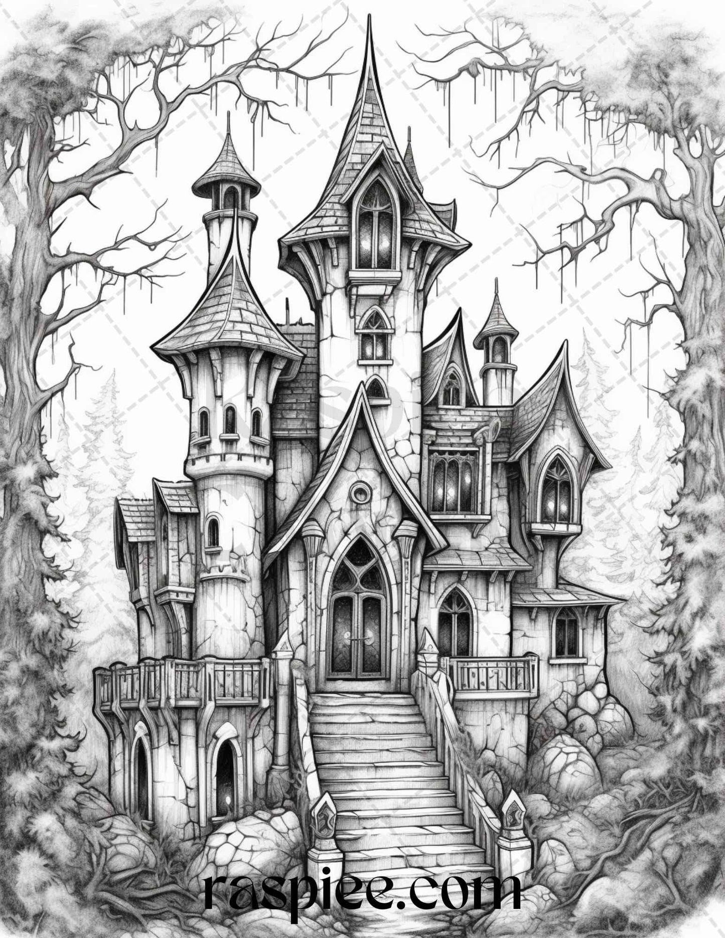 50 Haunted Castles Grayscale Coloring Pages Printable, Halloween Coloring Book, PDF File Instant Download