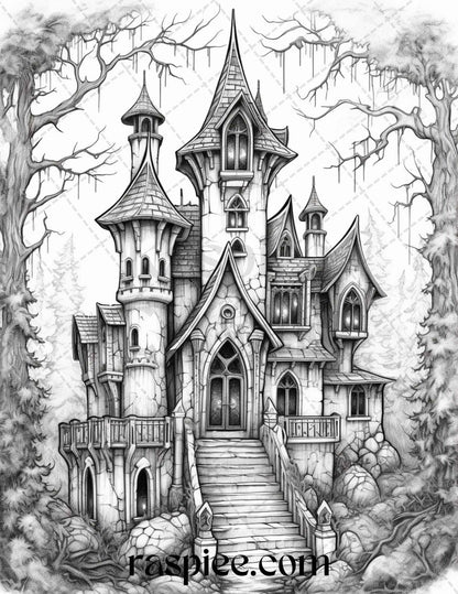 50 Haunted Castles Grayscale Coloring Pages Printable, Halloween Coloring Book, PDF File Instant Download