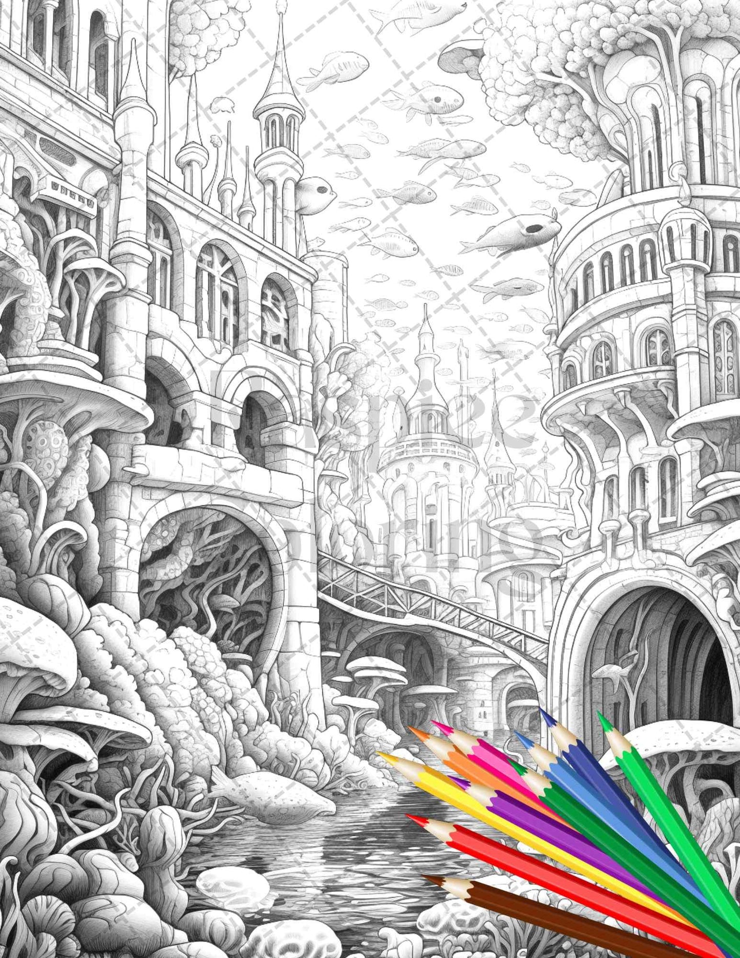 Enchanted Underwater City Grayscale Coloring Pages Printable for Adults, PDF File Instant Download