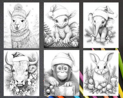 70 Christmas Animals Grayscale Coloring Pages Printable for Adults, PDF File Instant Download