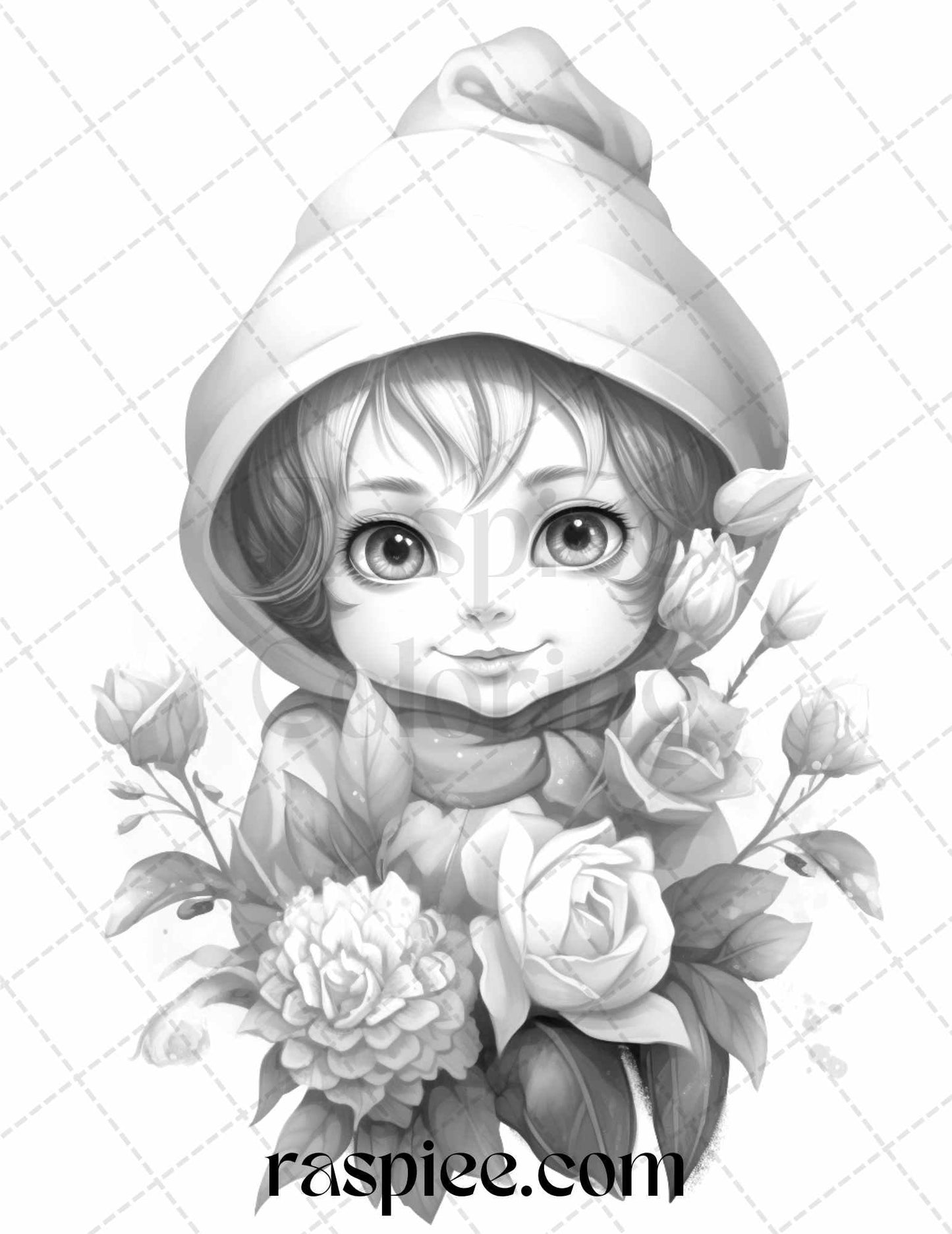 50 Flower Gnomes Grayscale Coloring Pages Printable for Adults Kids, PDF File Instant Download