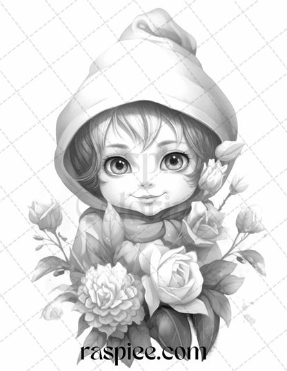 50 Flower Gnomes Grayscale Coloring Pages Printable for Adults Kids, PDF File Instant Download