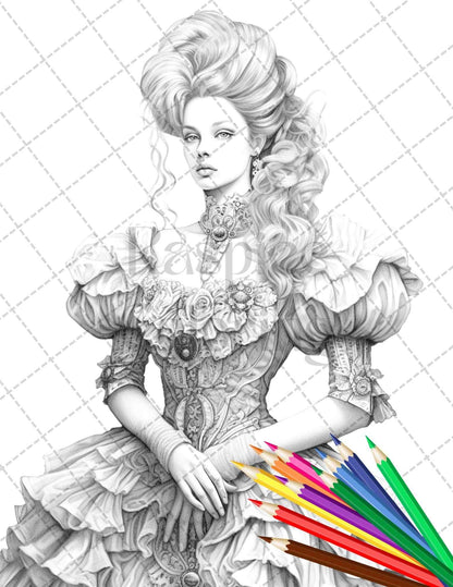 50 Victorian Fashion Grayscale Coloring Pages Printable for Adults, PDF File Instant Download