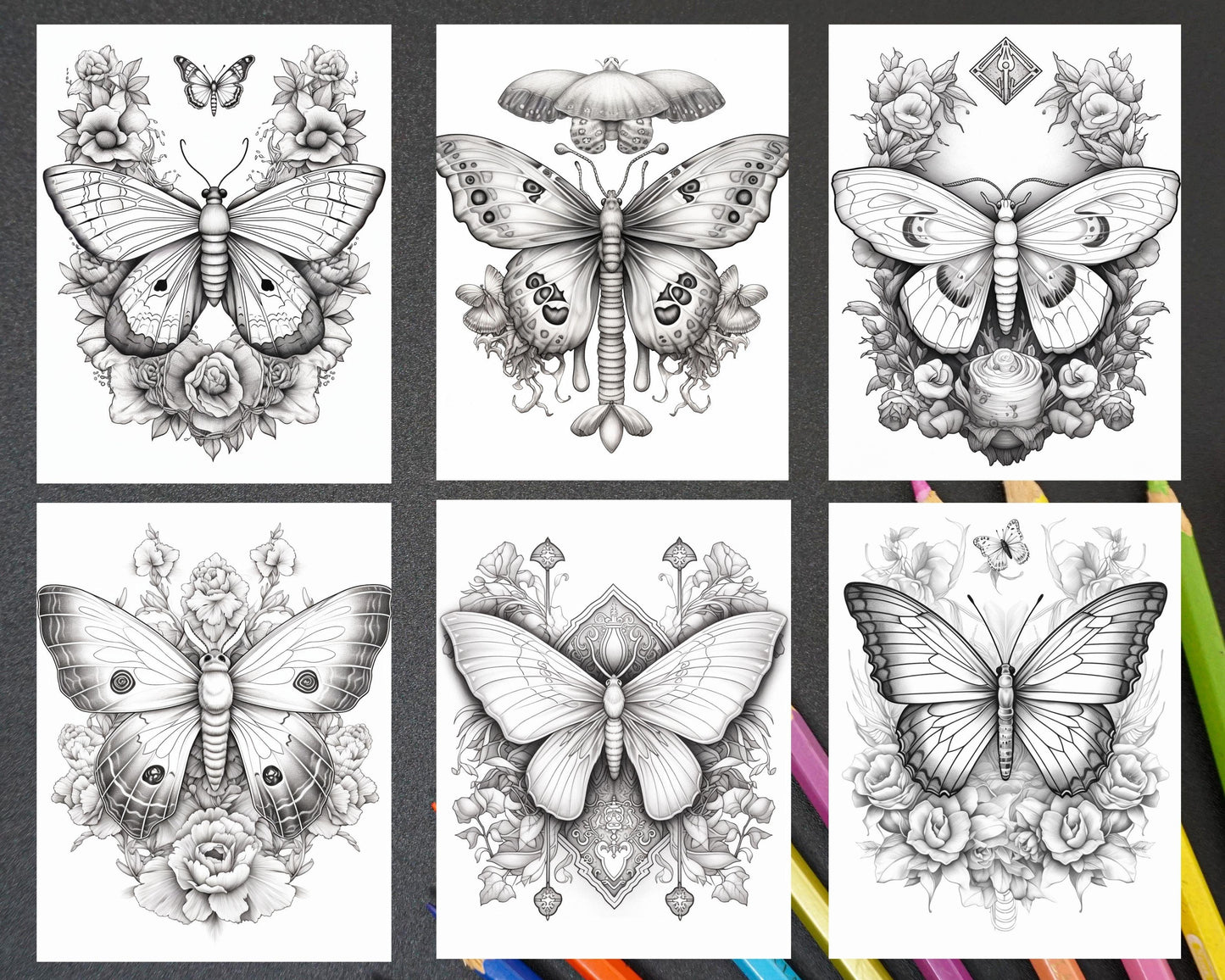 32 Beautiful Moths and Floral Coloring Book for Adults, Grayscale Coloring Page, Printable PDF Instant Download