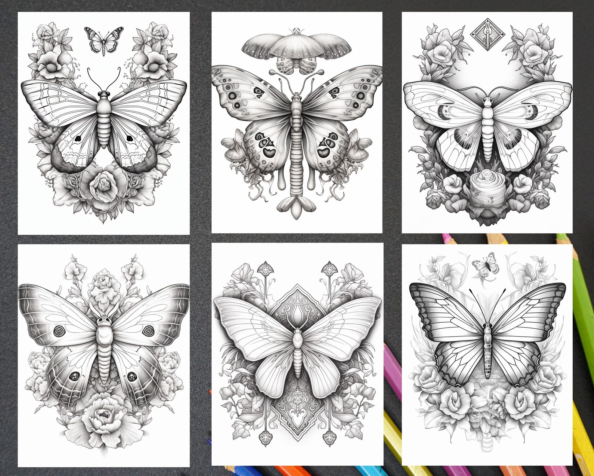 32 Beautiful Moths and Floral Coloring Book for Adults, Grayscale Coloring Page, Printable PDF Instant Download