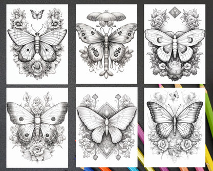 32 Beautiful Moths and Floral Coloring Book for Adults, Grayscale Coloring Page, Printable PDF Instant Download