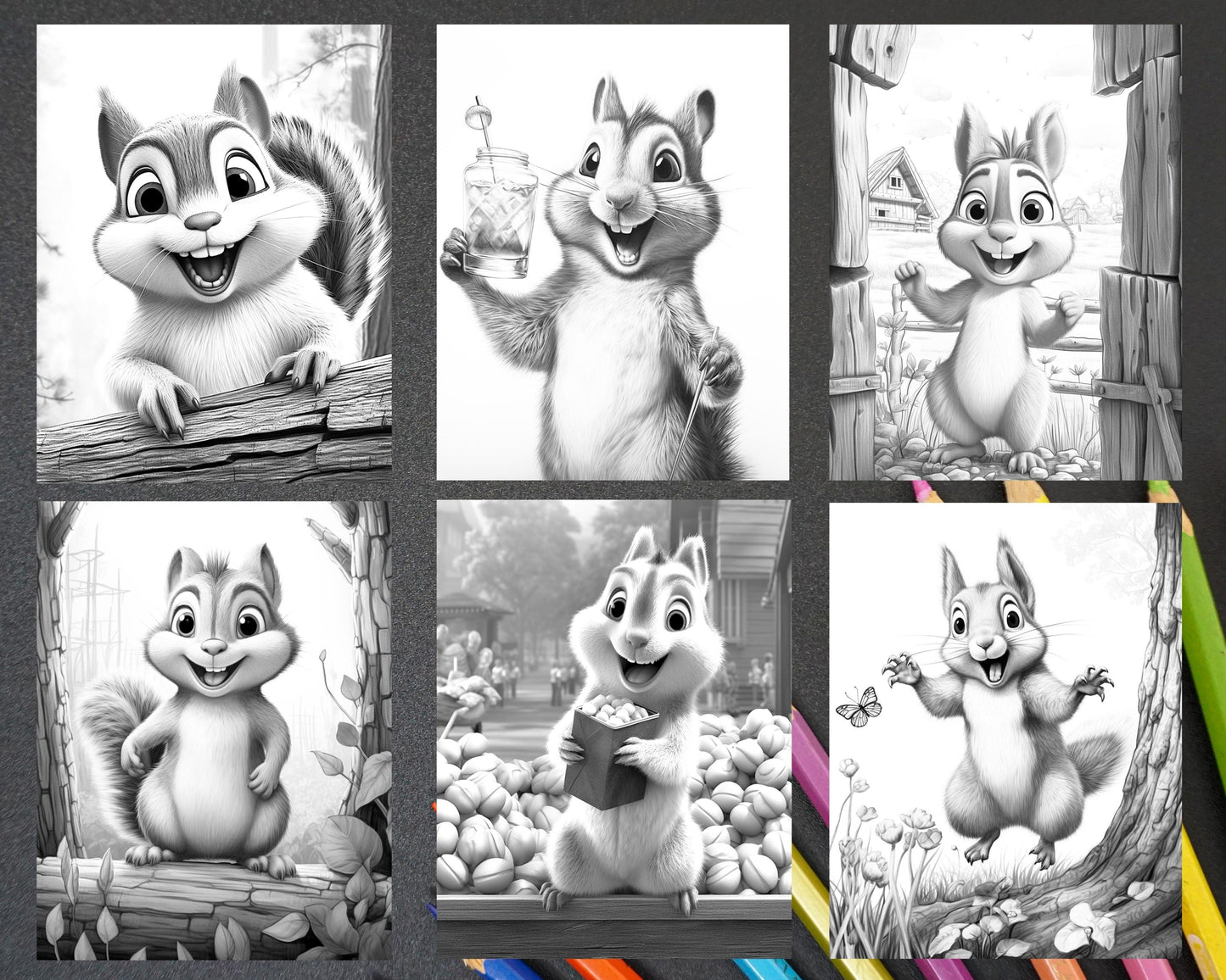 52 Adorable Squirrels Grayscale Coloring Pages Printable for Adults Kids, PDF File Instant Download