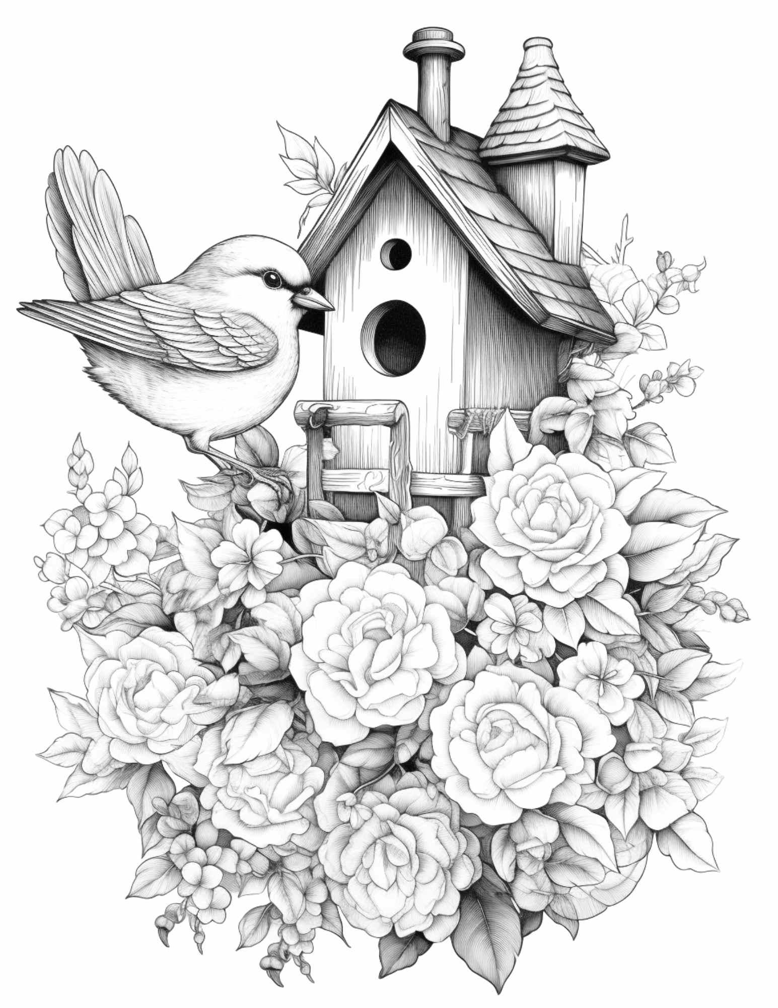 Free Flower Bird House Grayscale Coloring Pages Printable for Adults, PDF File Instant Download