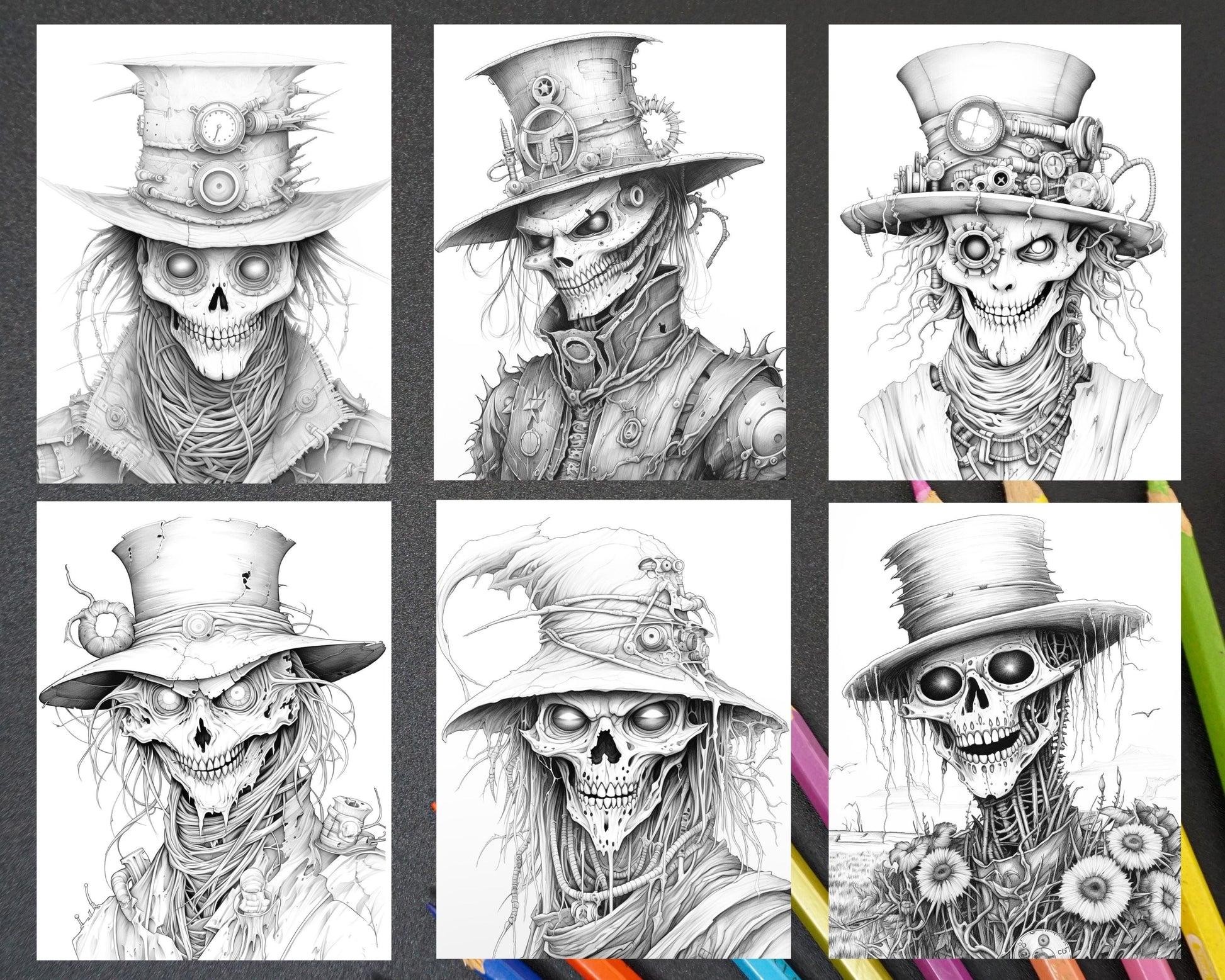 53 Scary Steampunk Scarecrows Grayscale Coloring Pages Printable for Adults, PDF File Instant Download