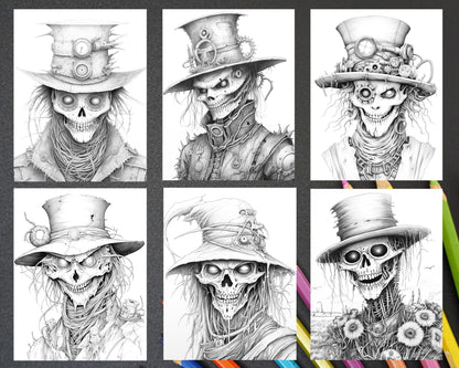 53 Scary Steampunk Scarecrows Grayscale Coloring Pages Printable for Adults, PDF File Instant Download