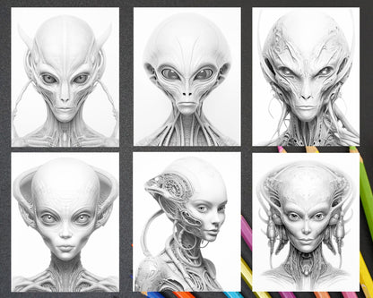 65 Alien Portrait Grayscale Coloring Pages for Adults, Printable PDF File Instant Download