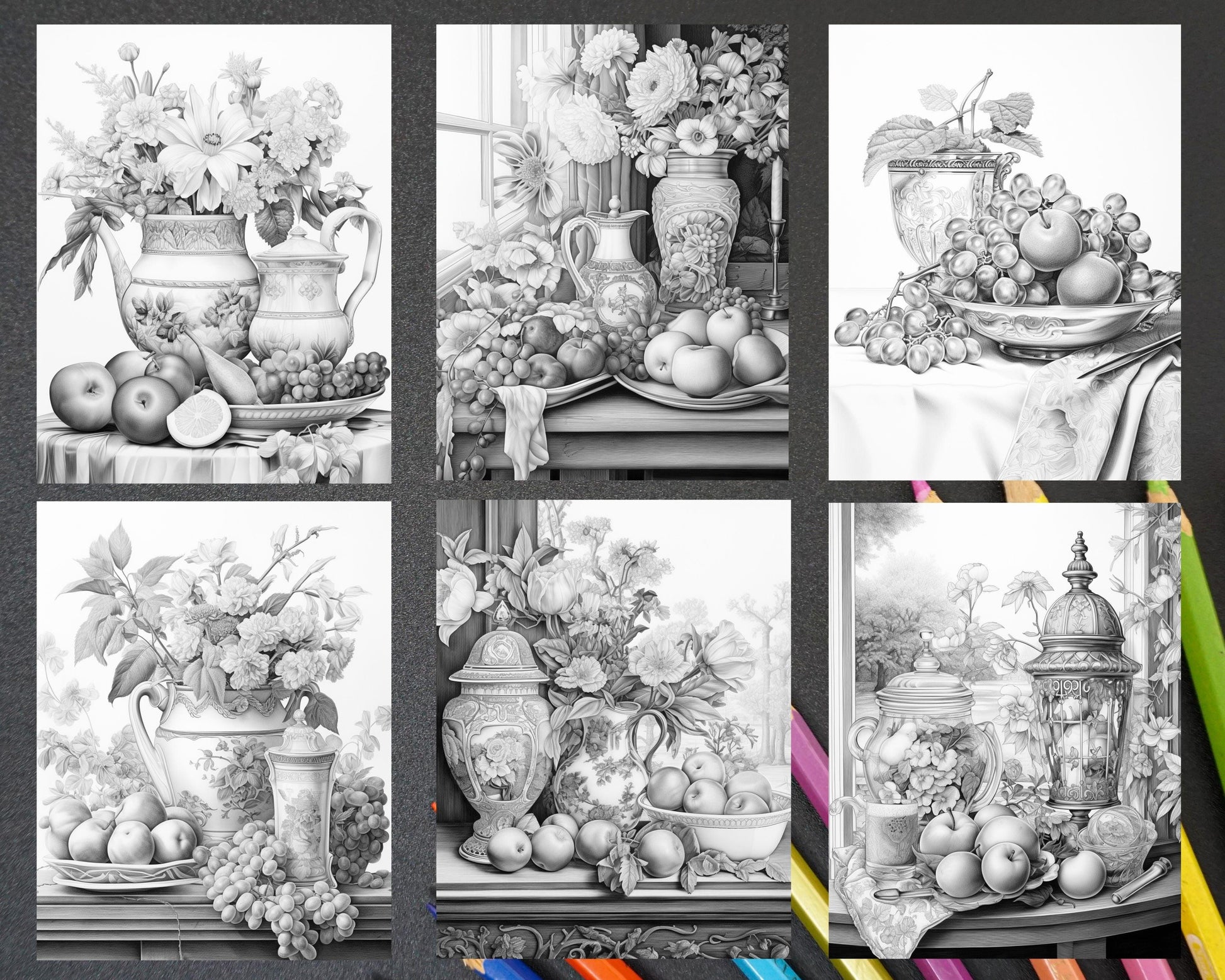 52 Still Life Grayscale Coloring Pages Printable for Adults, PDF File Instant Download