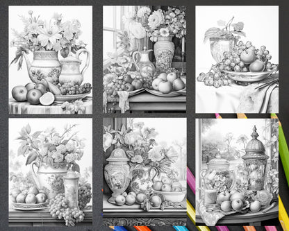 52 Still Life Grayscale Coloring Pages Printable for Adults, PDF File Instant Download