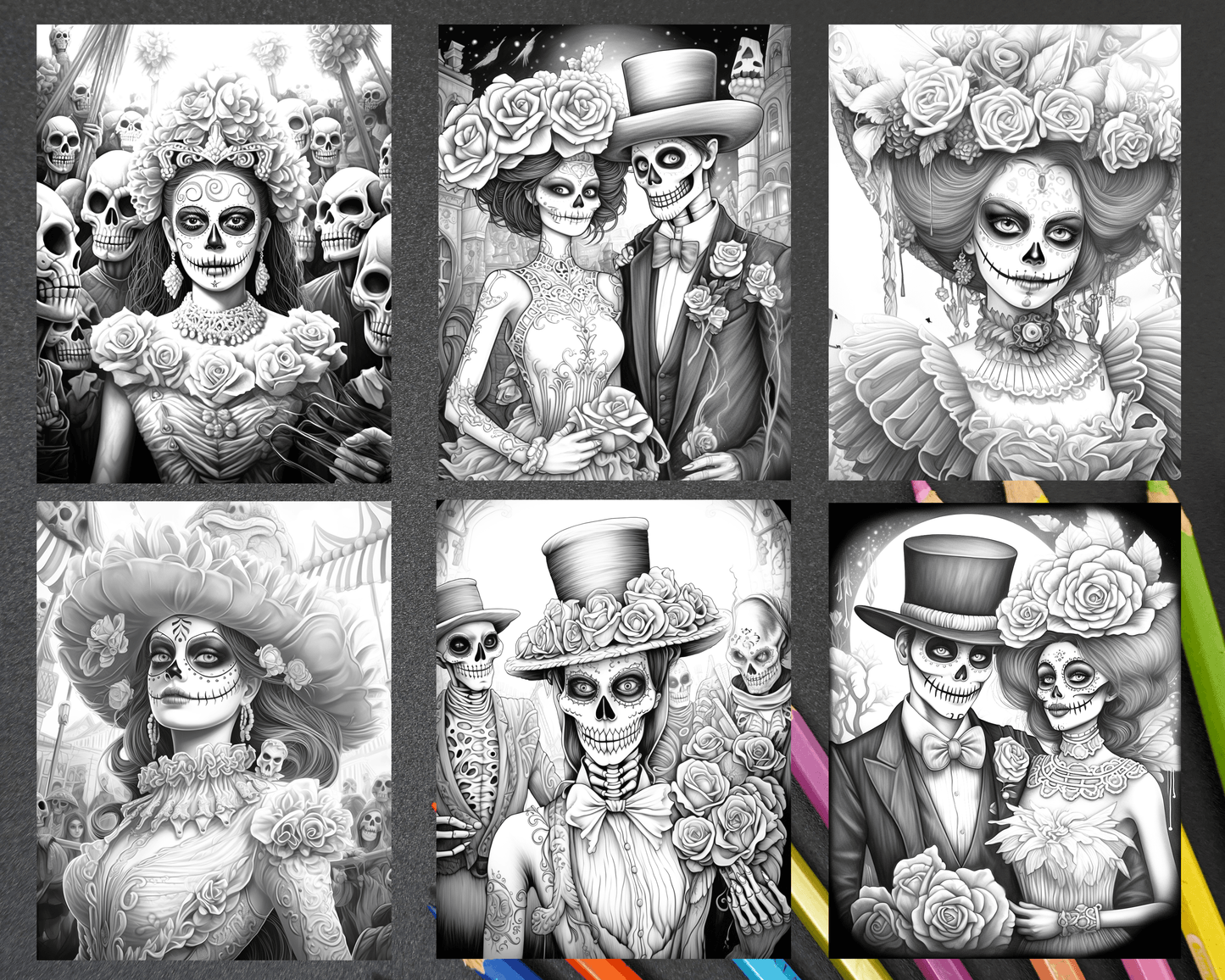 50 Day of the Dead Grayscale Coloring Pages Printable for Adults, PDF File Instant Download