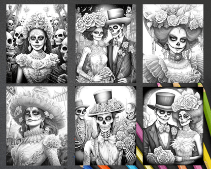 50 Day of the Dead Grayscale Coloring Pages Printable for Adults, PDF File Instant Download