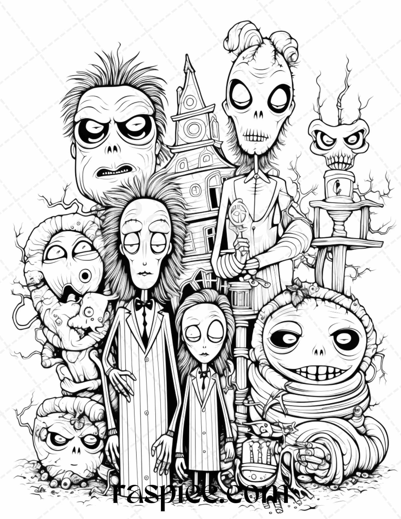 50 Monster Family Grayscale Coloring Pages Printable for Adults - Instant Download, Halloween Coloring Book, Fun and Spooky Designs