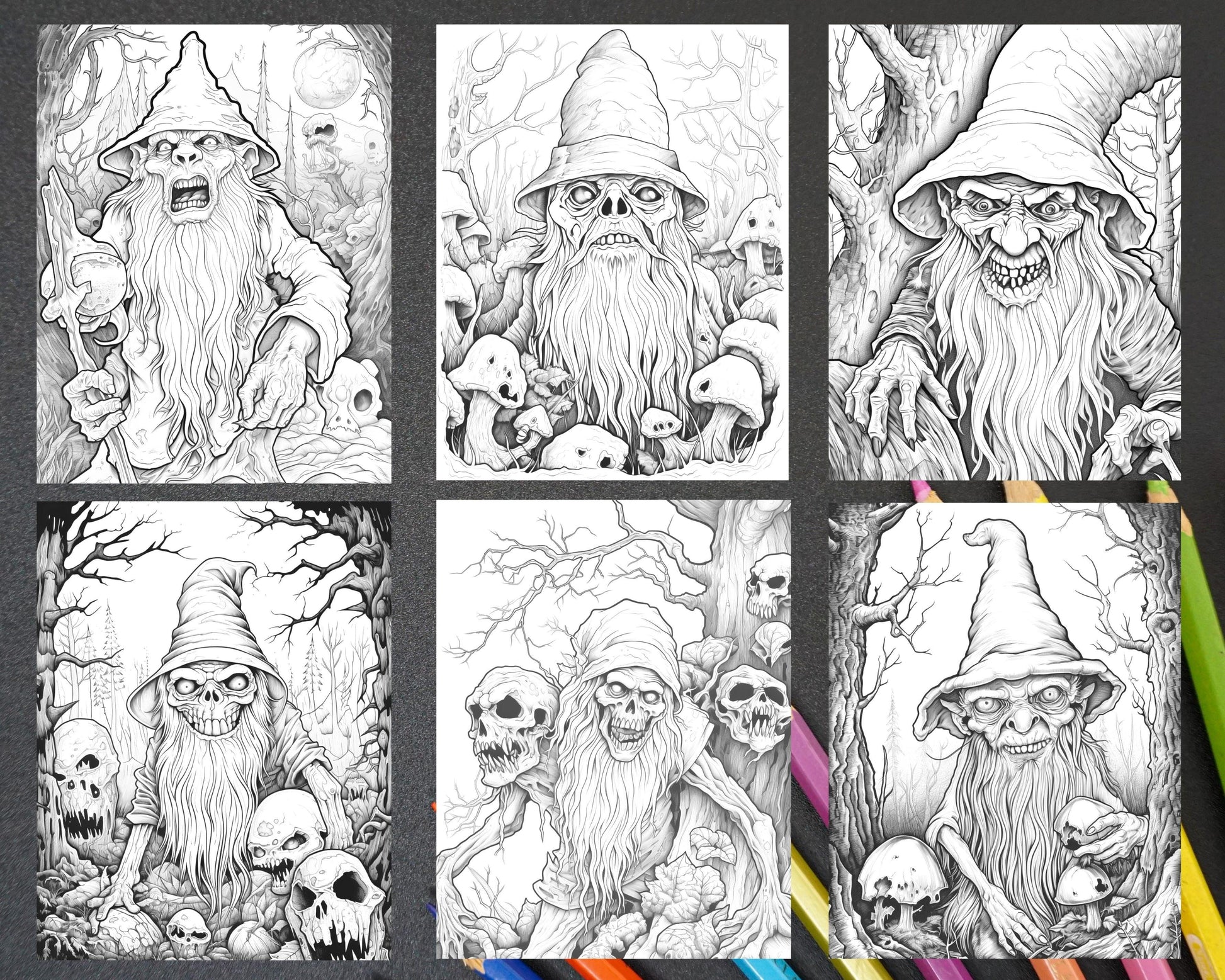 50 Horror Zombie Gnomes Grayscale Coloring Pages Printable for Adults, PDF File Instant Download