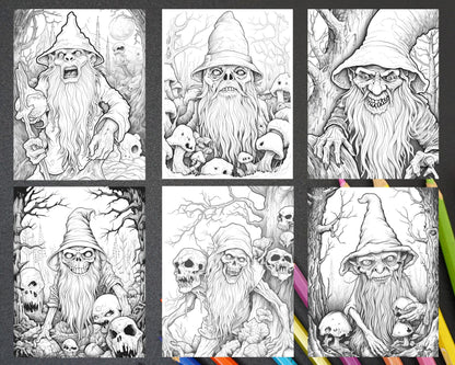 50 Horror Zombie Gnomes Grayscale Coloring Pages Printable for Adults, PDF File Instant Download