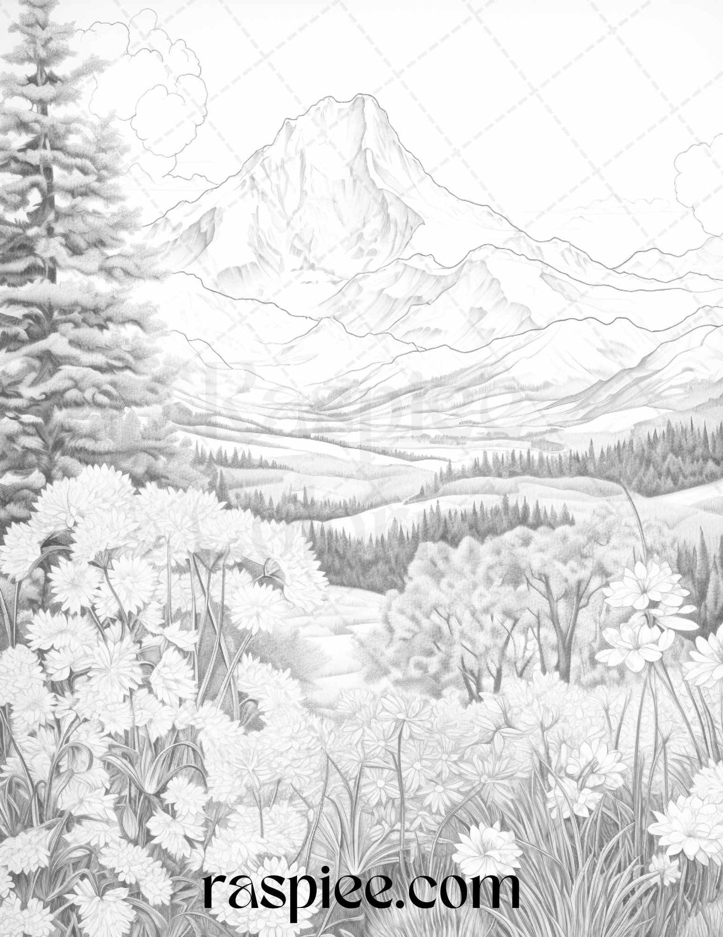 60 Mountain Flower Landscapes Grayscale Coloring Pages Printable for Adults, PDF File Instant Download