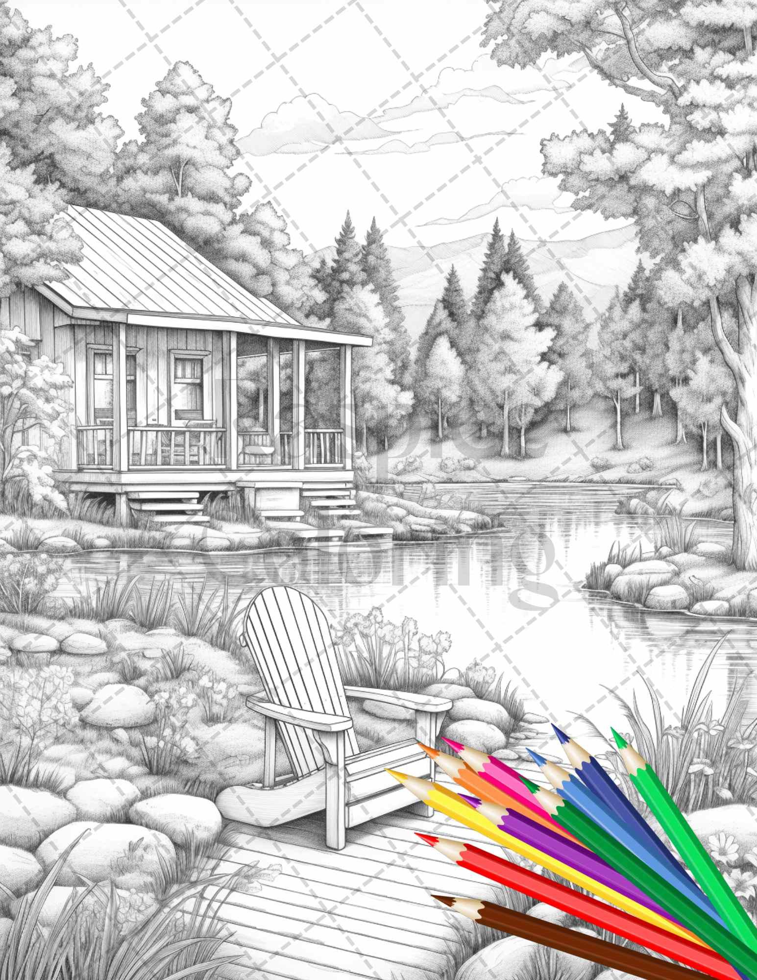 Lake Cabin Scenery Grayscale Coloring Pages Printable for Adults, PDF File Instant Download