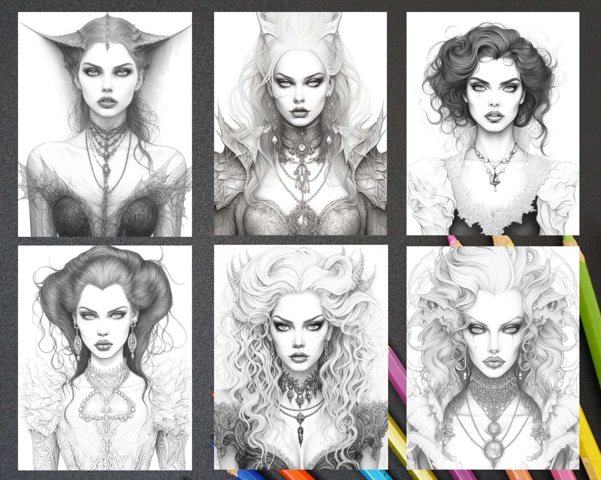 Bewitching Vampires Grayscale Coloring Pages Printable for Adults, PDF File Instant Download