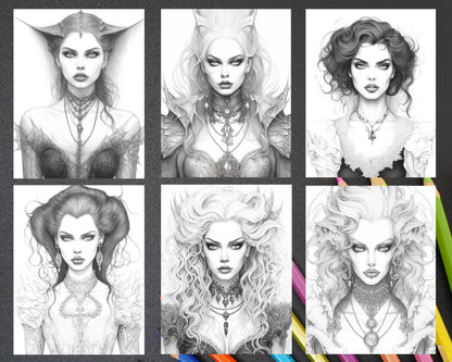 Bewitching Vampires Grayscale Coloring Pages Printable for Adults, PDF File Instant Download