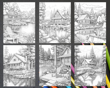 Lake Cabin Scenery Grayscale Coloring Pages Printable for Adults, PDF File Instant Download