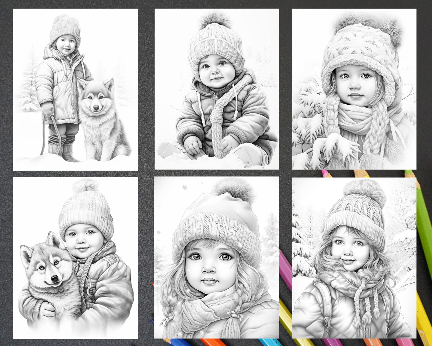 50 Baby Winter Portrait Grayscale Coloring Pages Printable for Adults, PDF File Instant Download