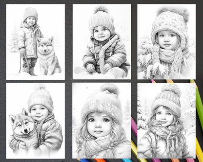 50 Baby Winter Portrait Grayscale Coloring Pages Printable for Adults, PDF File Instant Download