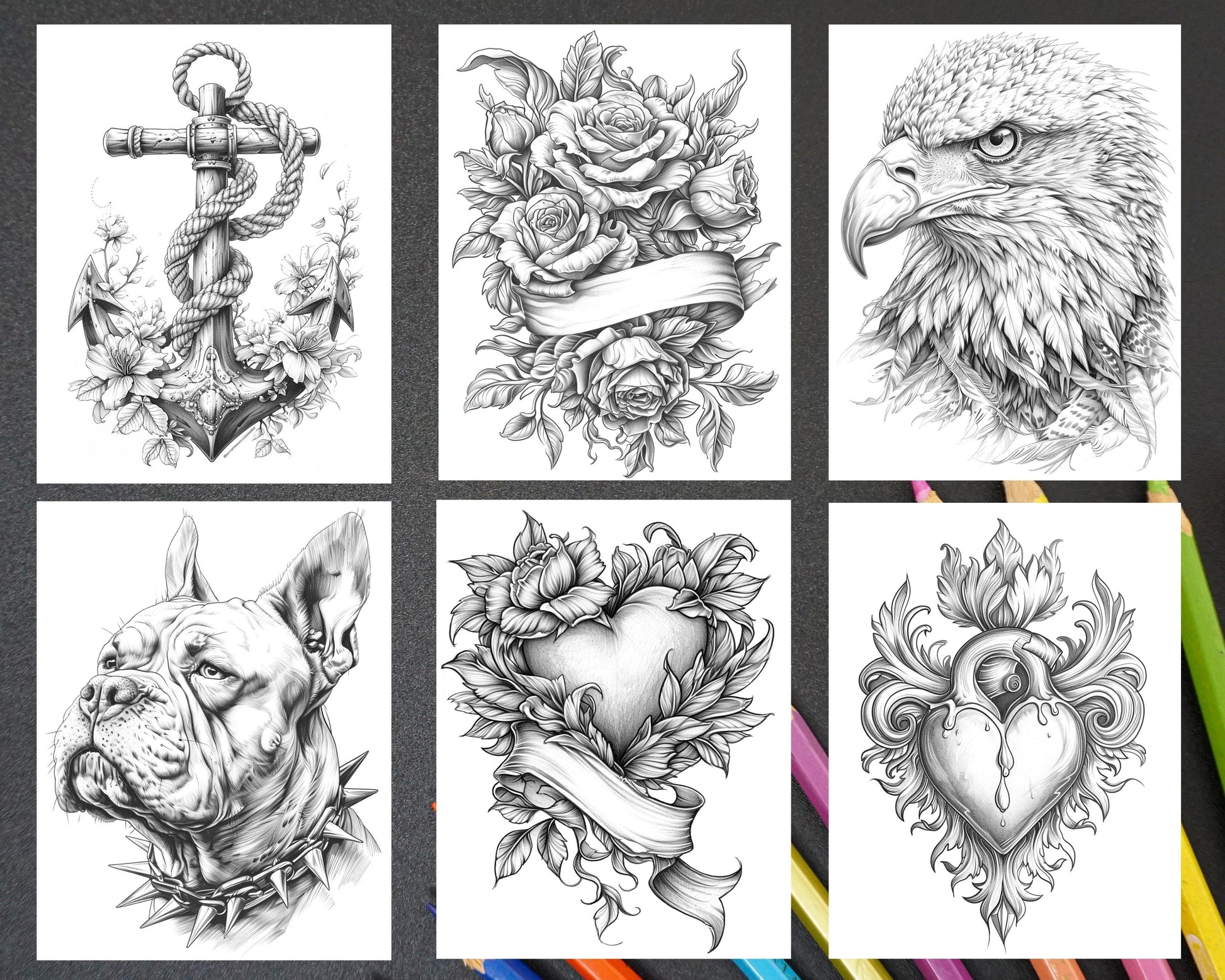 62 Classic American Tattoos Grayscale Adult Coloring Pages, Printable PDF Instant Download