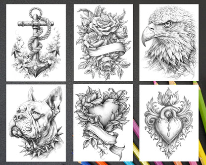 62 Classic American Tattoos Grayscale Adult Coloring Pages, Printable PDF Instant Download