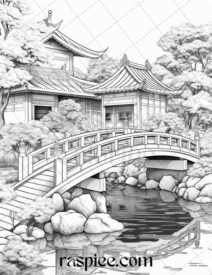 Japanese Garden Grayscale Coloring Pages Printable for Adults, PDF File Instant Download
