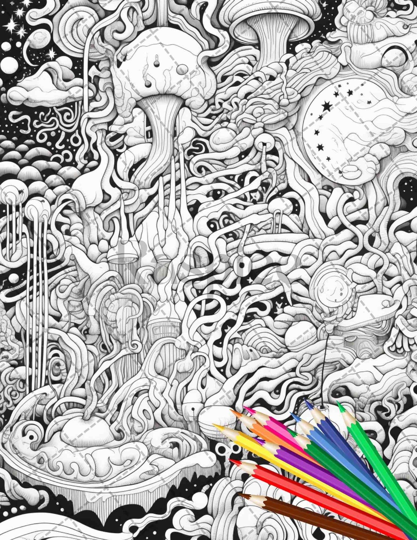 Psychedelic Trippy Coloring Book Printable for Adults, Grayscale Coloring Page, PDF File Instant Download