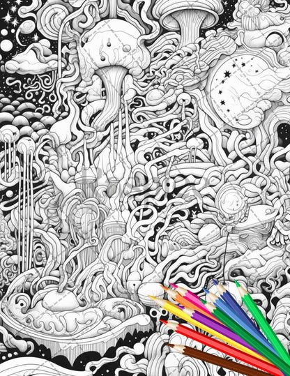 Psychedelic Trippy Coloring Book Printable for Adults, Grayscale Coloring Page, PDF File Instant Download