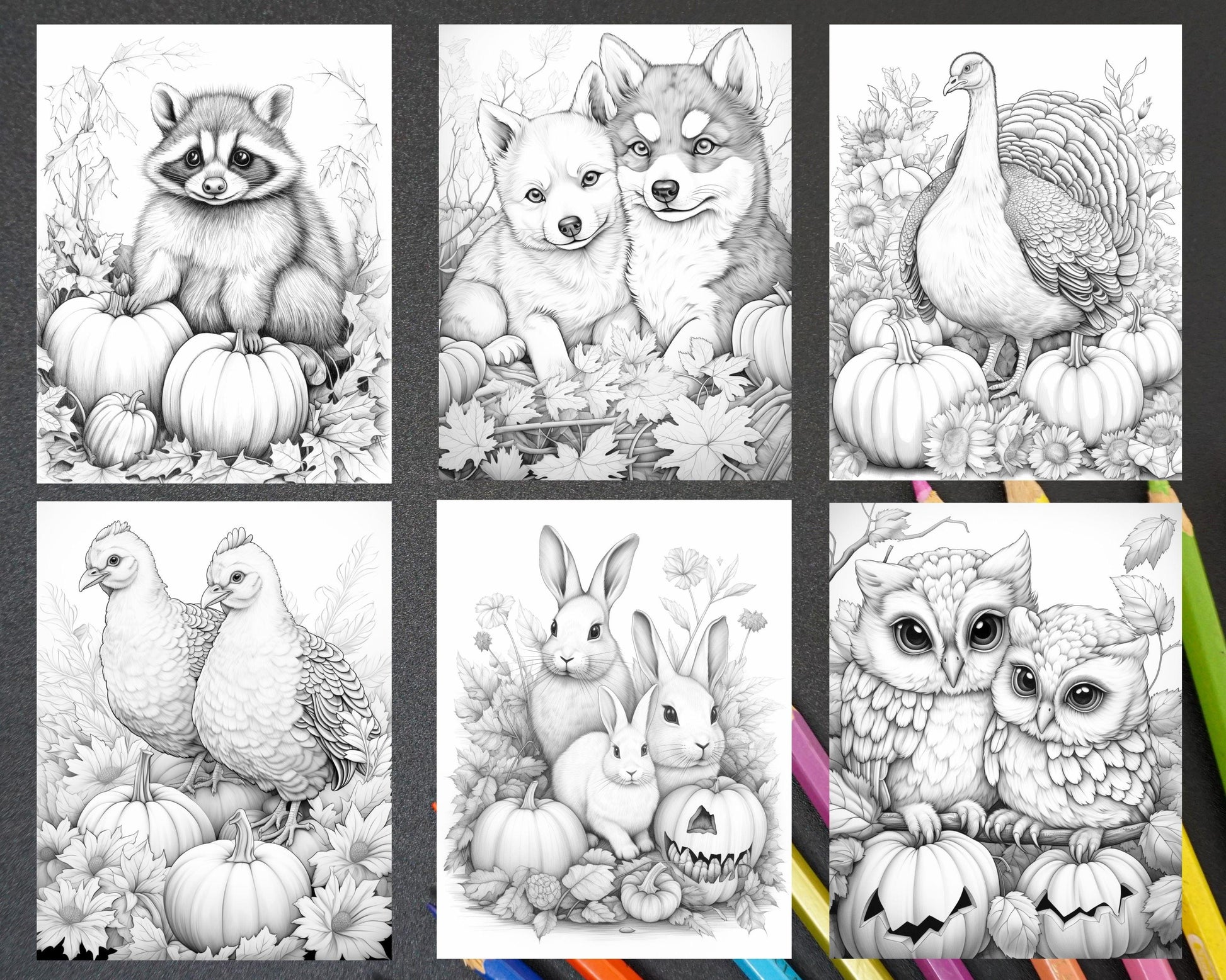Autumn Animals Grayscale Coloring Pages for Adults and Kids, Printable PDF File Instant Download