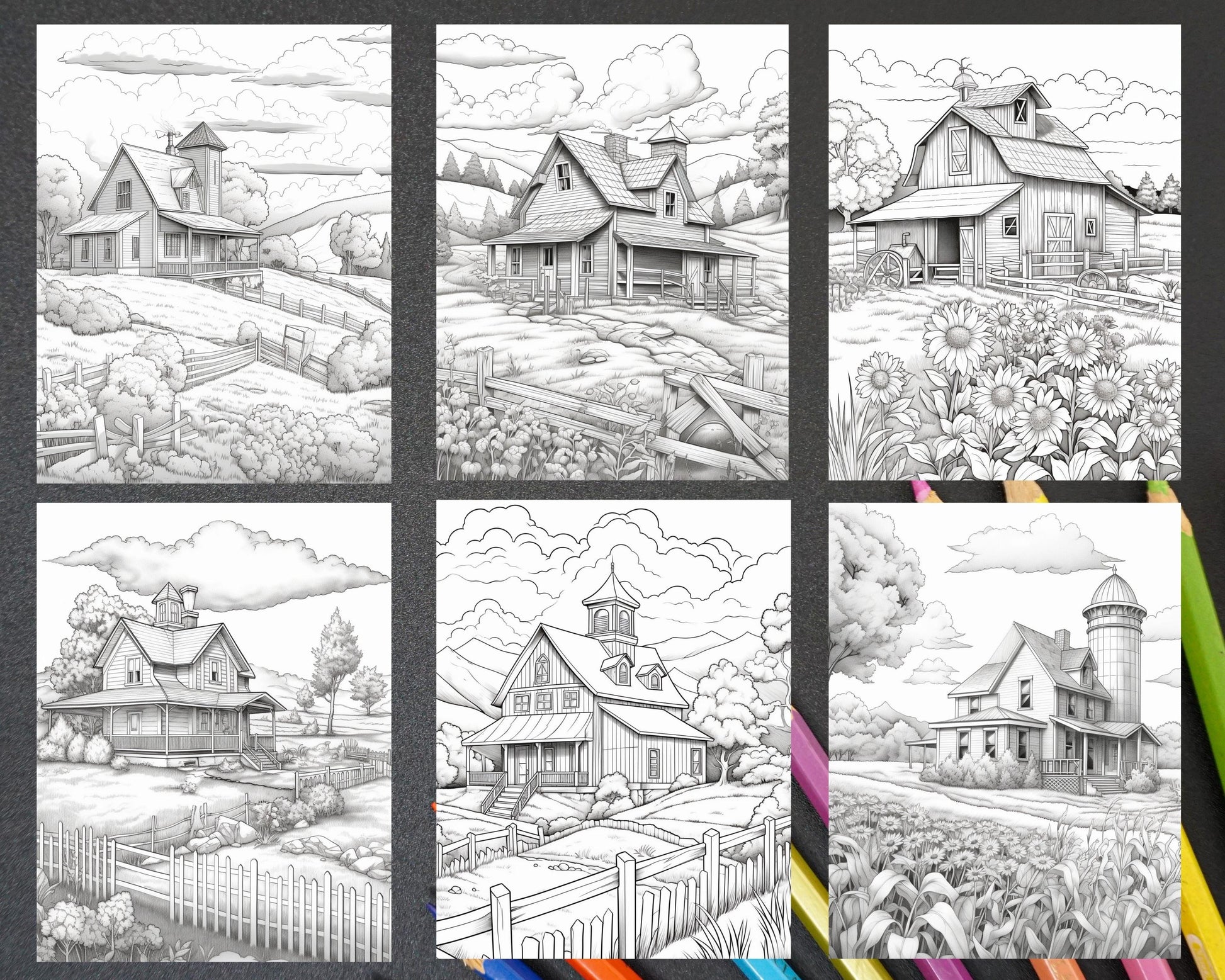 Charming Farmhouse Scenery Grayscale Coloring Pages Printable for Adults, PDF File Instant Download