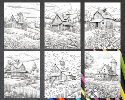 Charming Farmhouse Scenery Grayscale Coloring Pages Printable for Adults, PDF File Instant Download